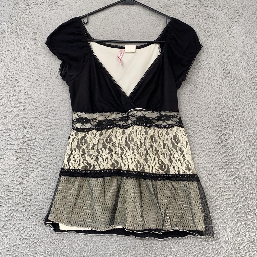 HeartSoul Y2K Lace Top Size Large Black Puff Sleeve Victorian Fairy Grunge 90s